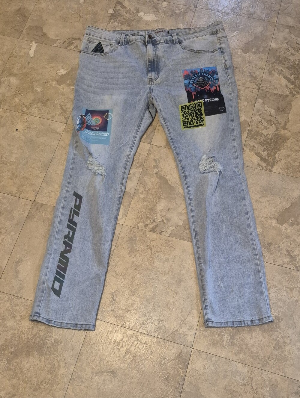 Black Pyramid Mens Jeans Size 42 Distressed Acid Wash Graphic Logo Streetwear